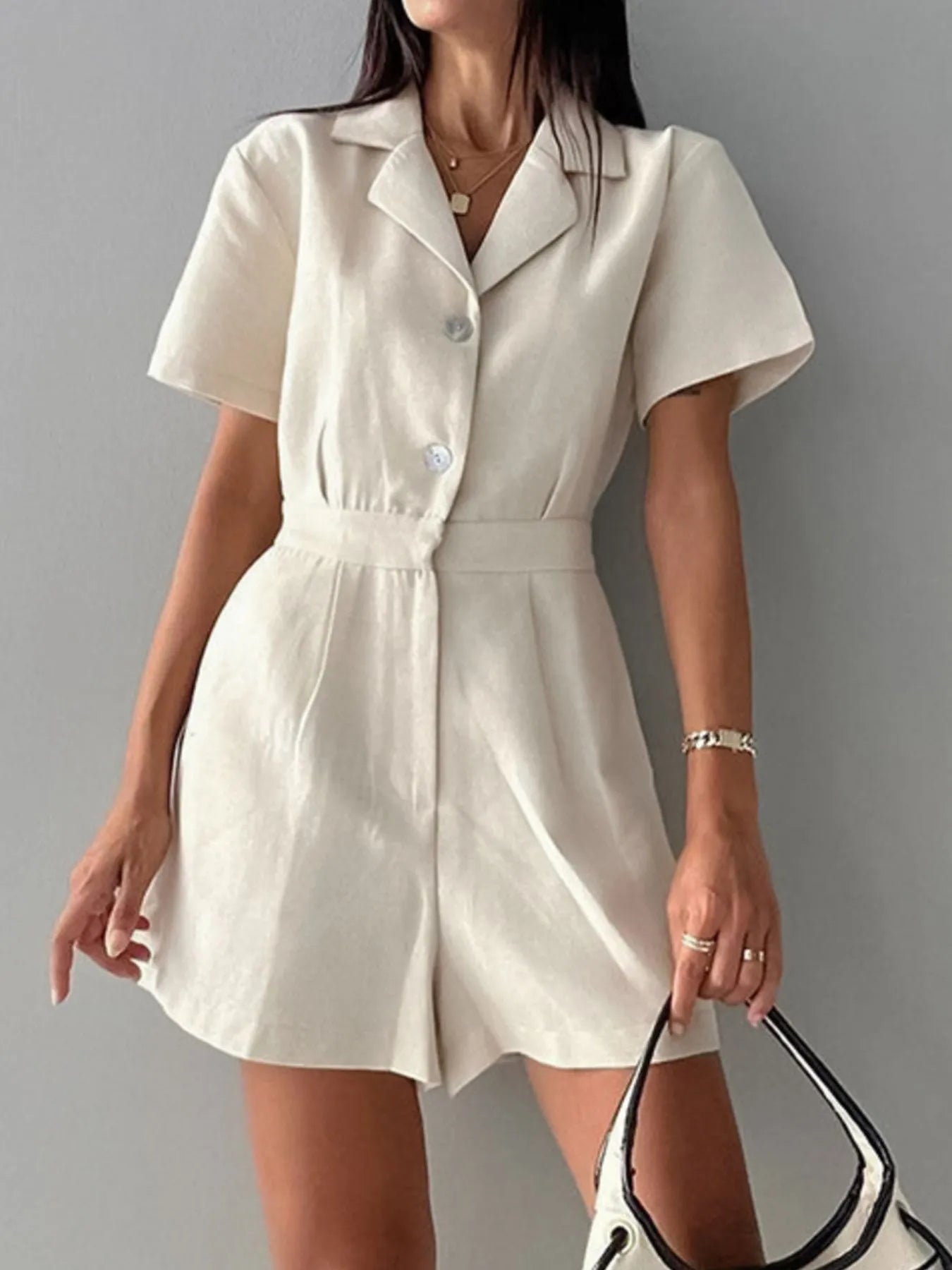 Button-Front Short Sleeve Romper in Beige