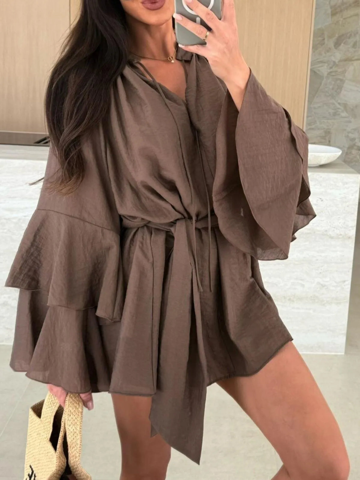 Bell Sleeve Tie-Waist Mini Shirt Dress
