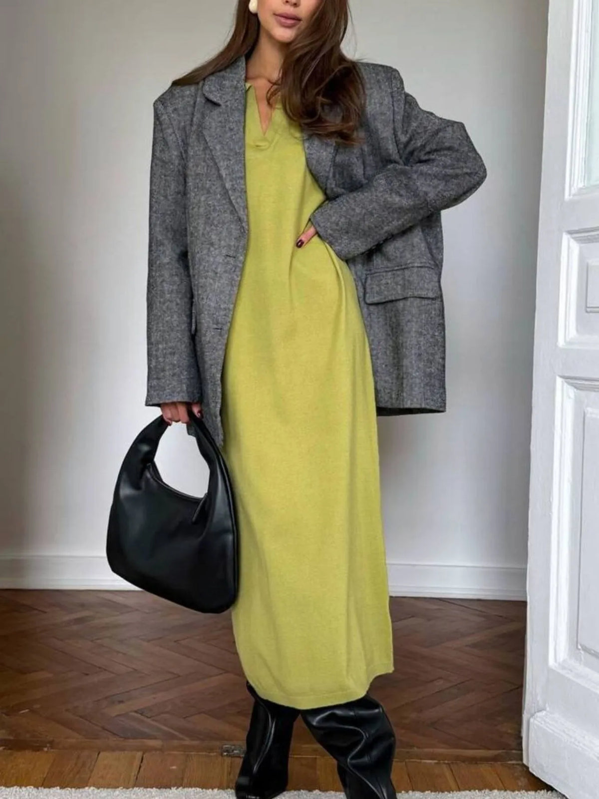 Collared Long Sleeve Knit Dress with Buttons