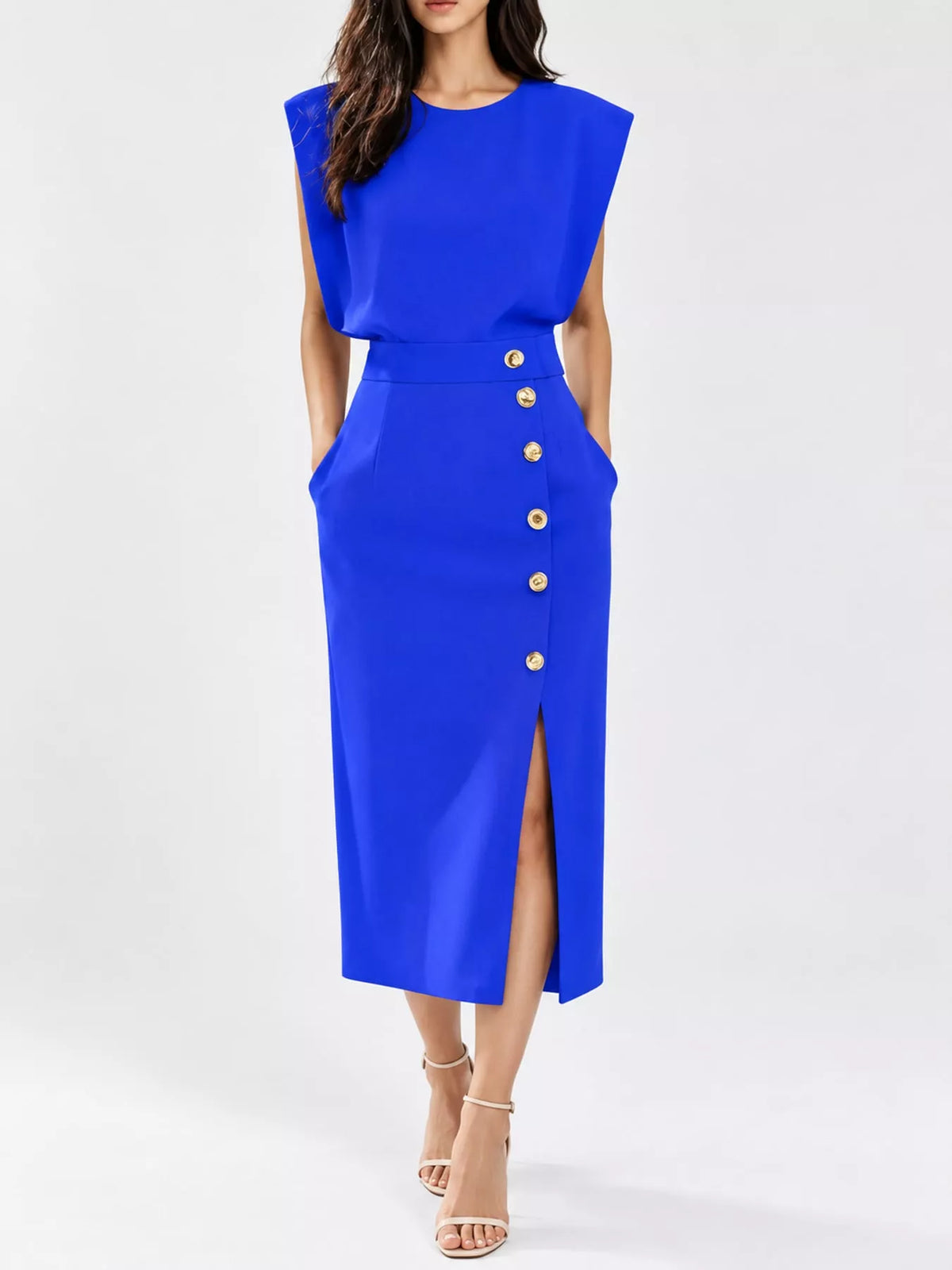 Sleeveless Midi Dress with Gold Button Detail