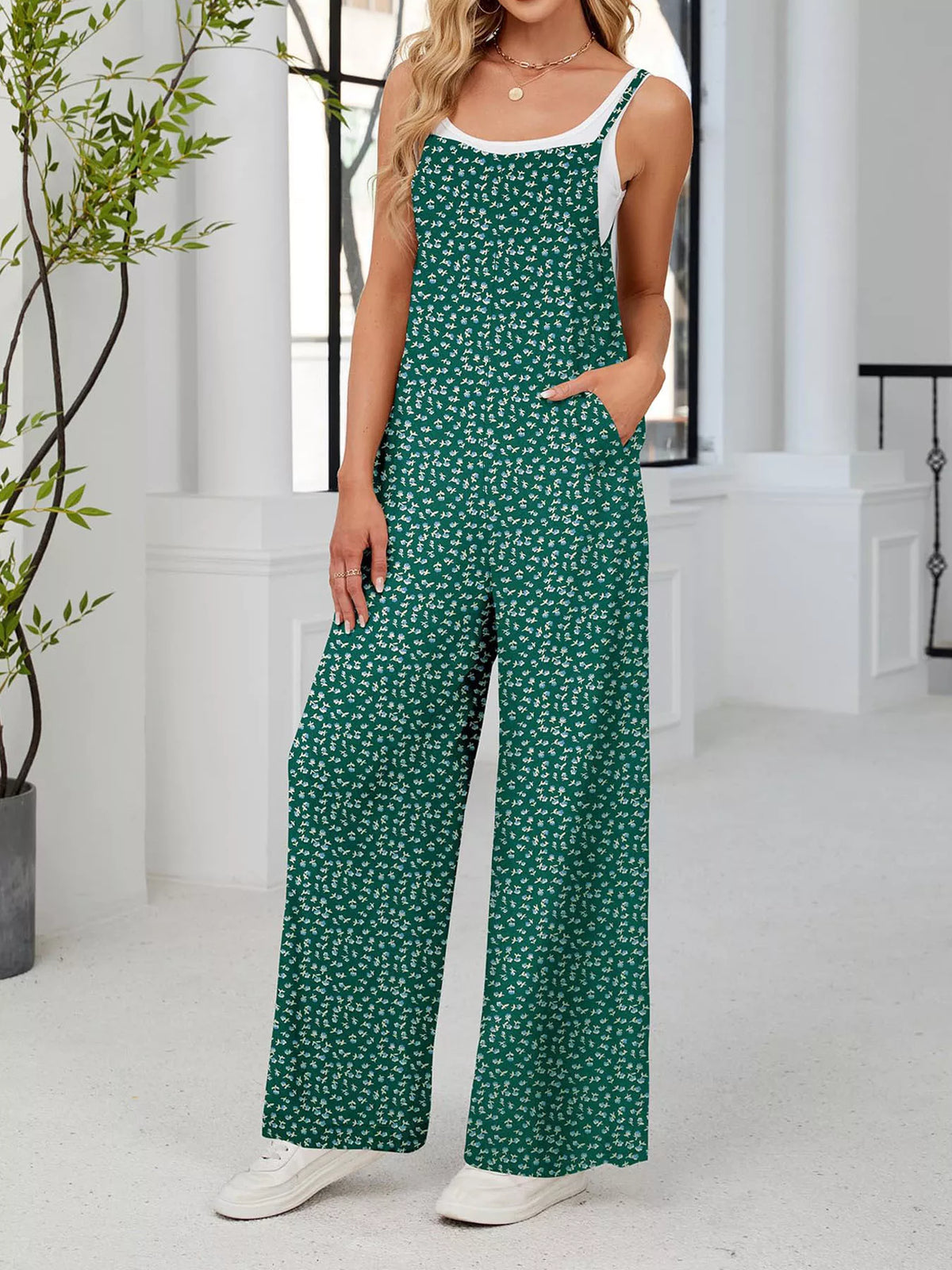 Floral Print Wide-Leg Spaghetti Strap Overalls