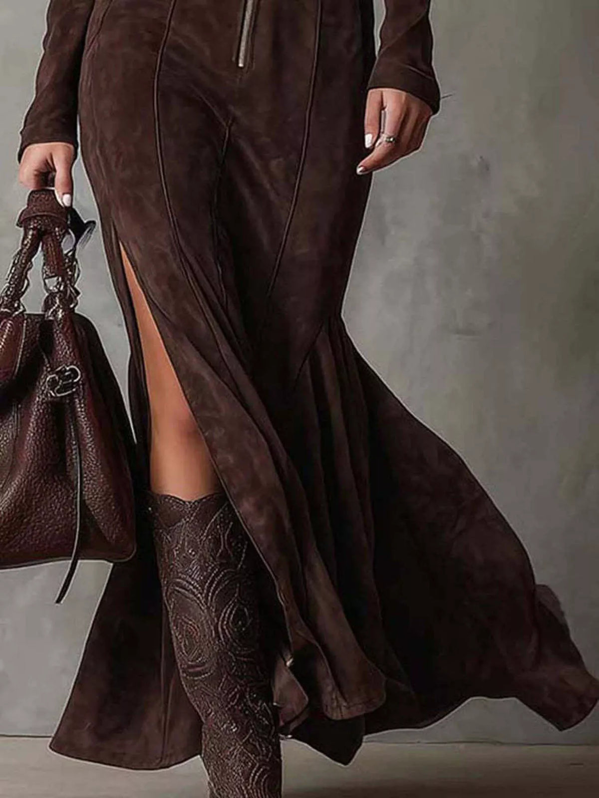 Zip Front Belted Slit Long Sleeve Dress