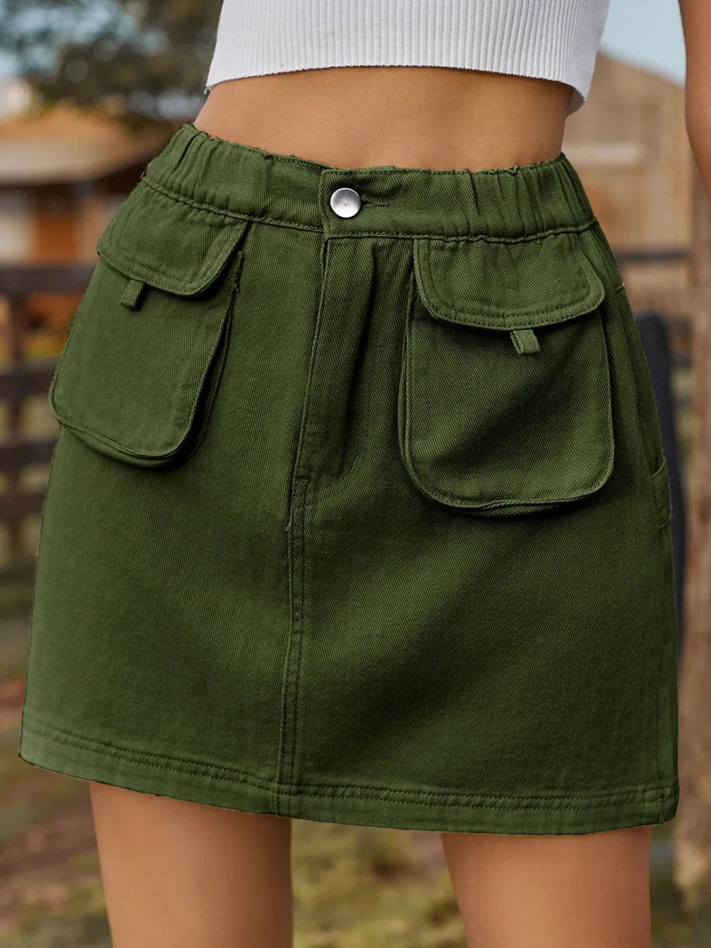 Elastic-Waist Pocketed Denim Skirt by Manny