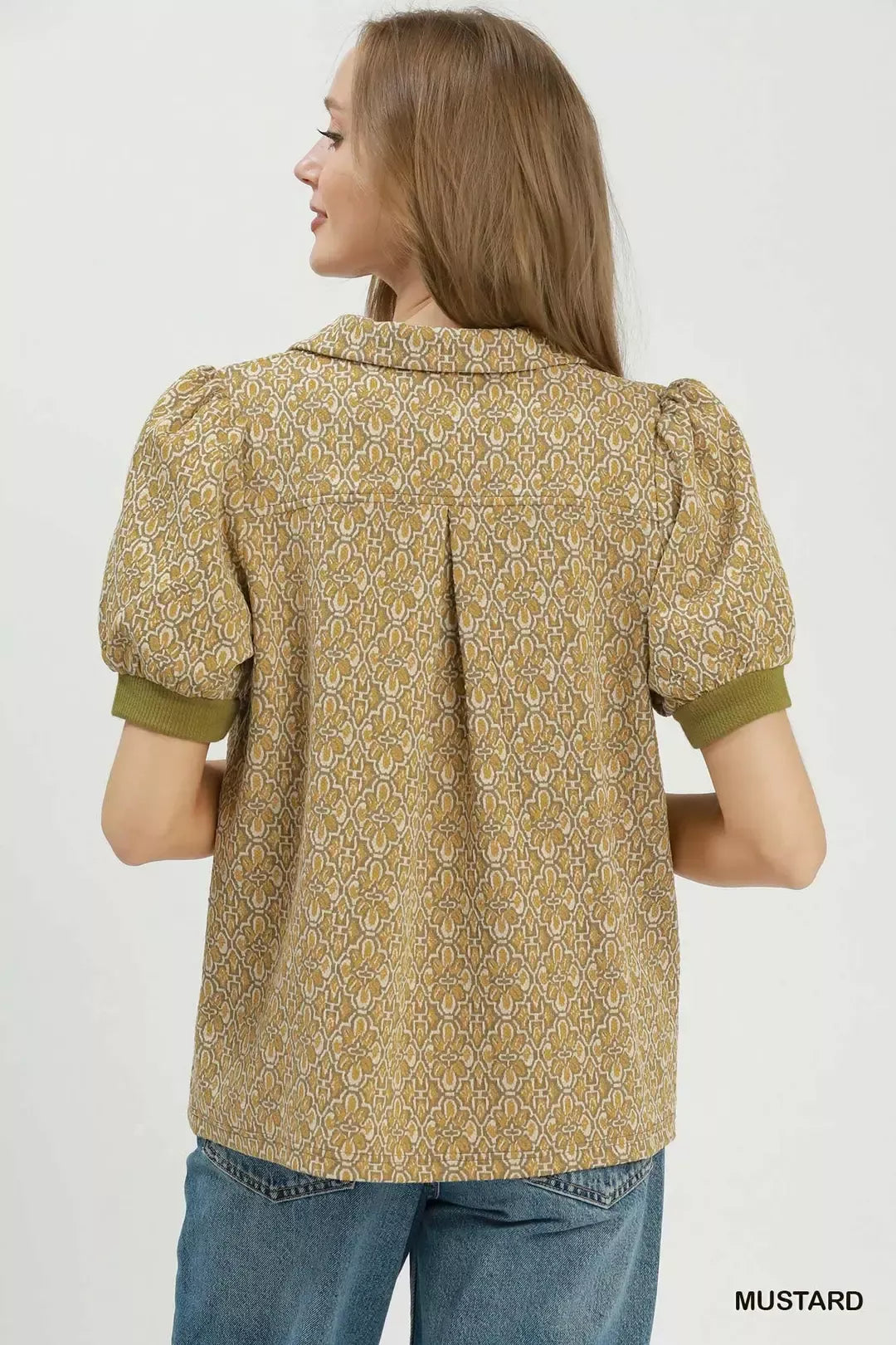 Umgee Printed Collared Puff Sleeve Top in Mustard