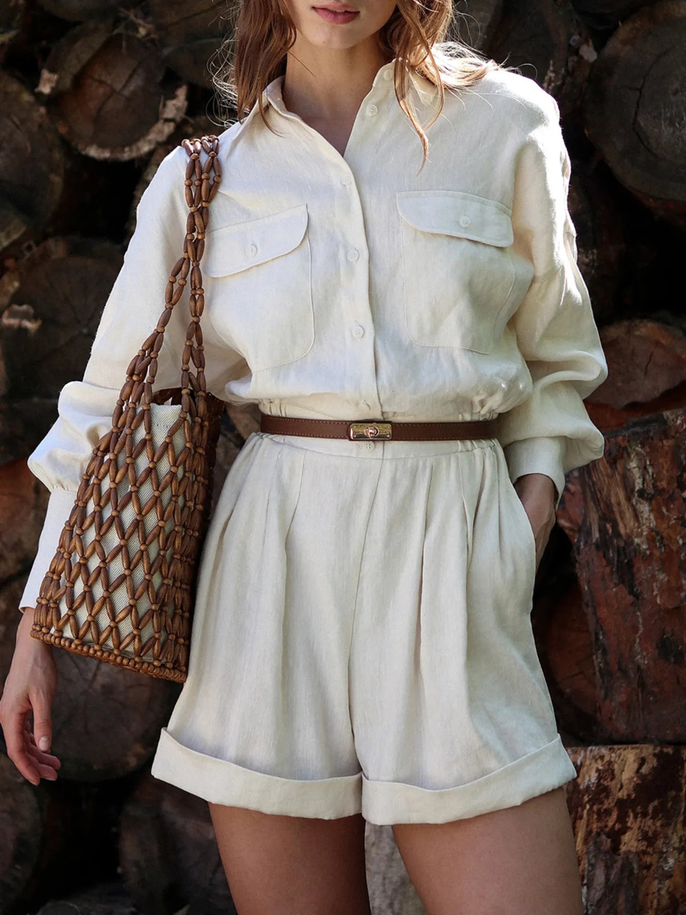 Button Front Long Sleeve Romper in Beige