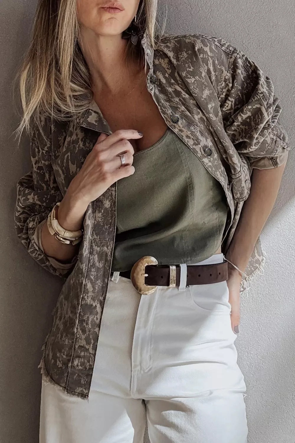 Abstract Print Raw Hem Denim Jacket in Mocha