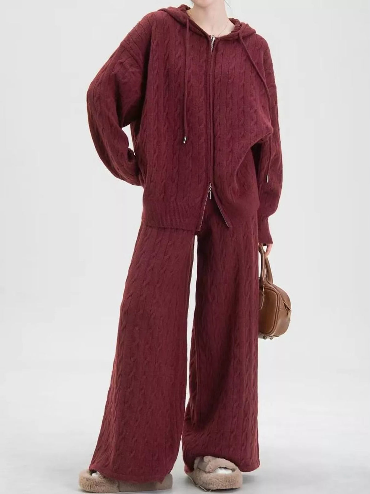 Cable Knit Zip-Up Hooded Cardigan and Wide-Leg Pants Set