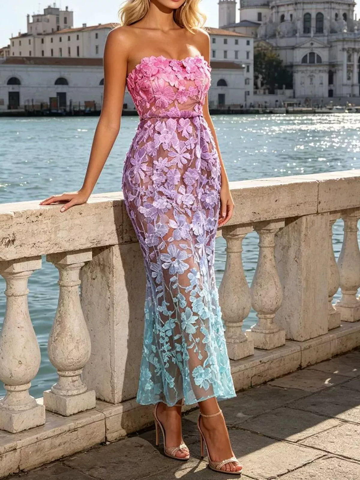 Embroidered Tube Maxi Dress in Gradient in Gradient Color