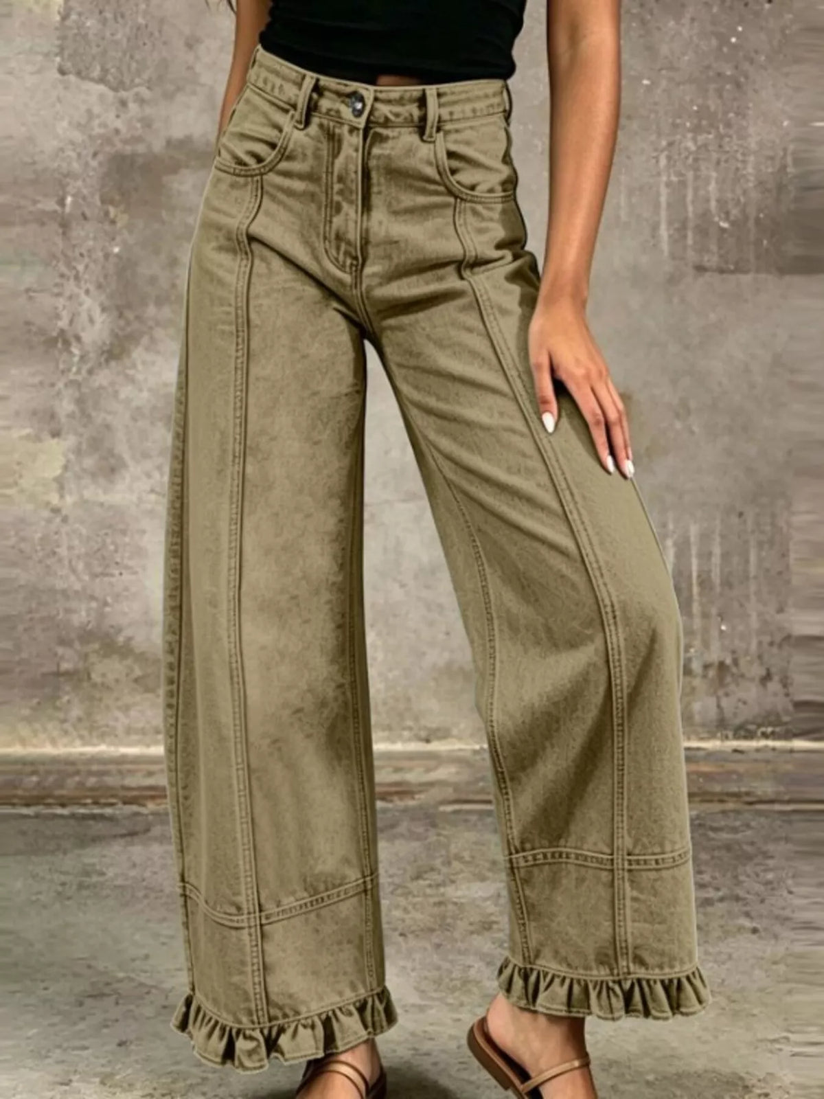 High-Waisted Wide-Leg Ruffle Hem Jeans by Invera