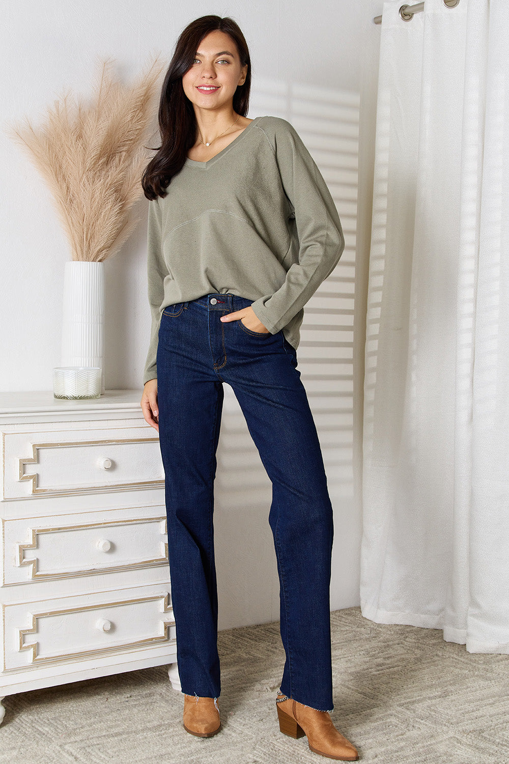 Culture Code V-Neck Long Sleeve Tee in Sage
