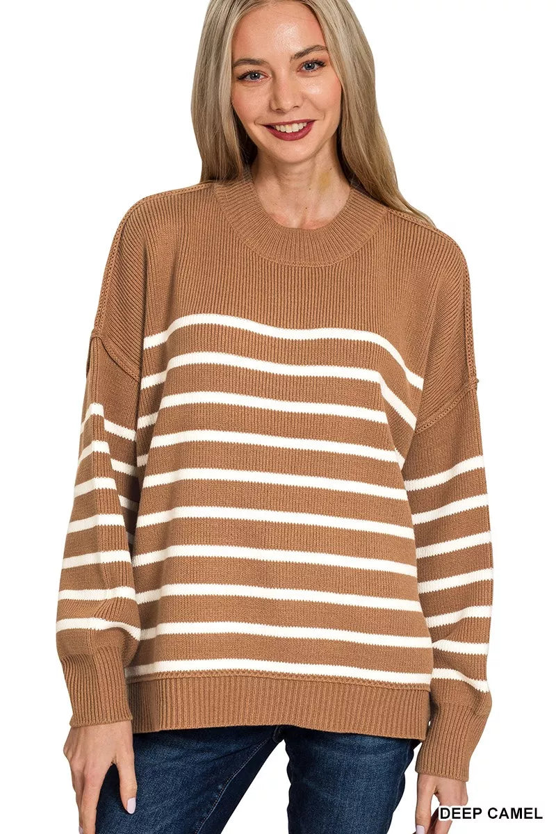 Zenana Exposed Seam Striped Sweater in Deep Camel