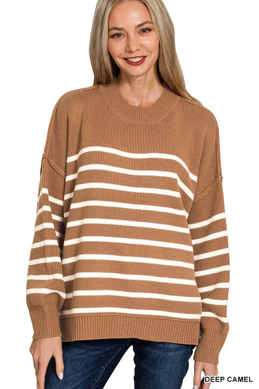 Zenana Exposed Seam Striped Sweater in Deep Camel