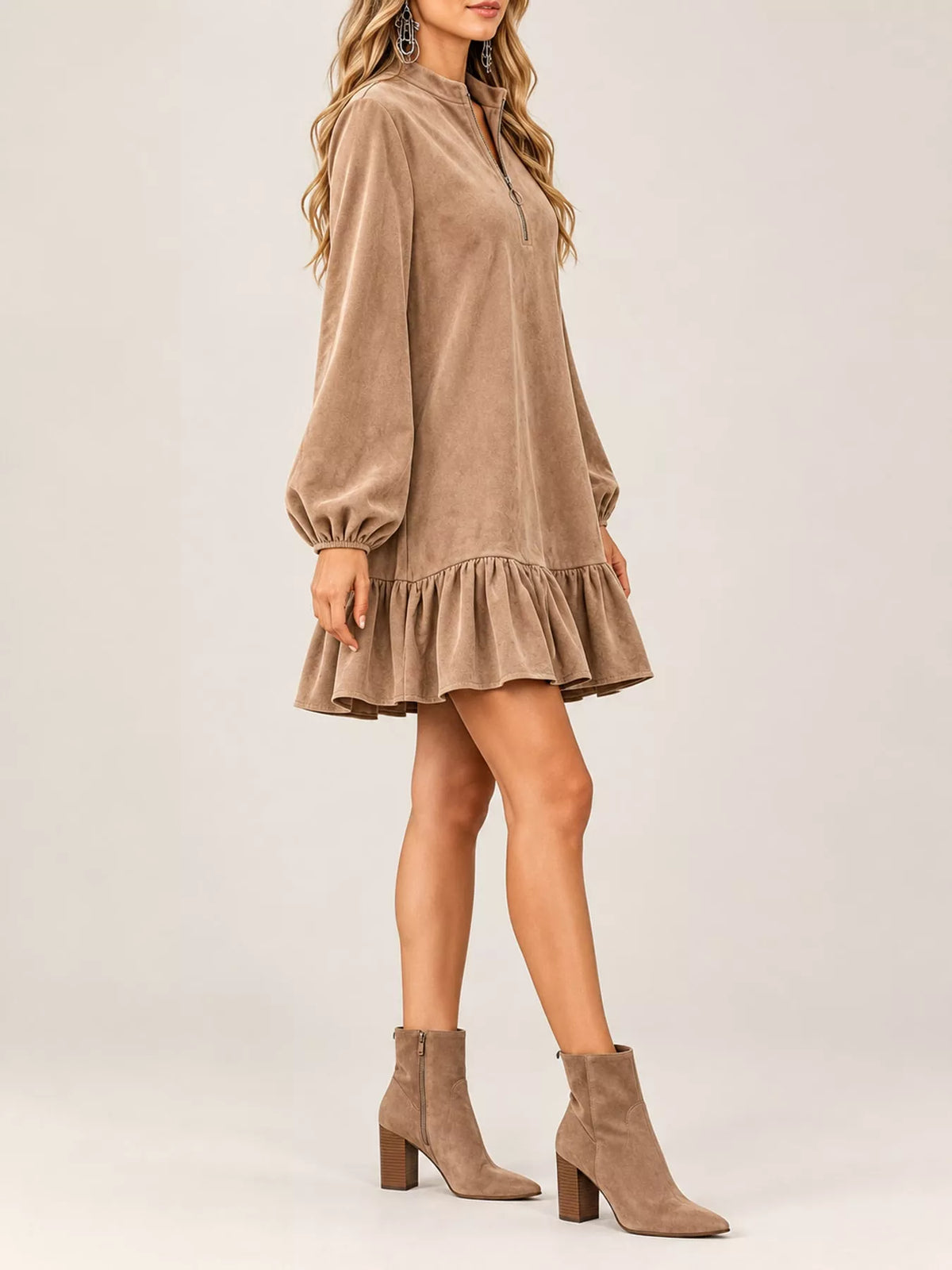Quarter-Zip Ruffle Hem Mini Dress