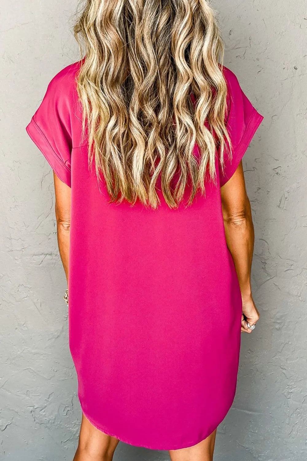 Buttoned Collar Mini Shirt Dress in Hot Pink