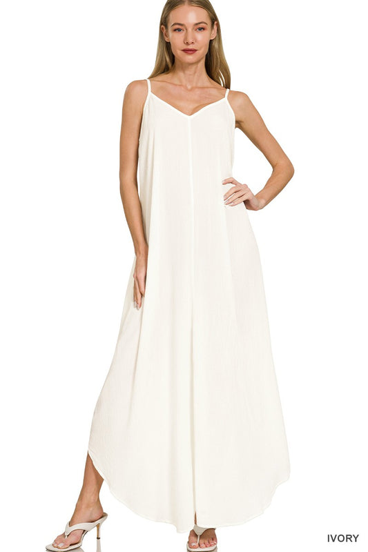 Zenana Woven Crinkle Cami Maxi Dress in Ivory