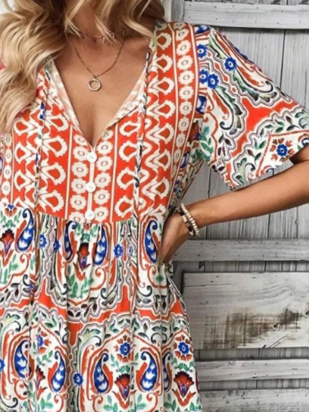 Printed Tie-Neck Short Sleeve Dress