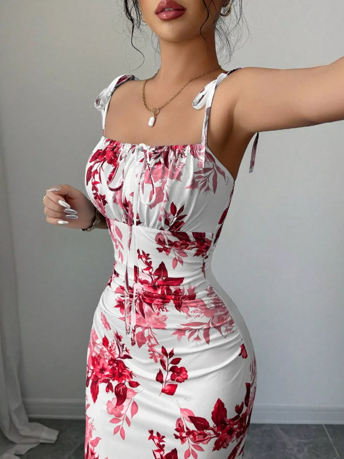 Printed Tie Strap Maxi Dress with Slit