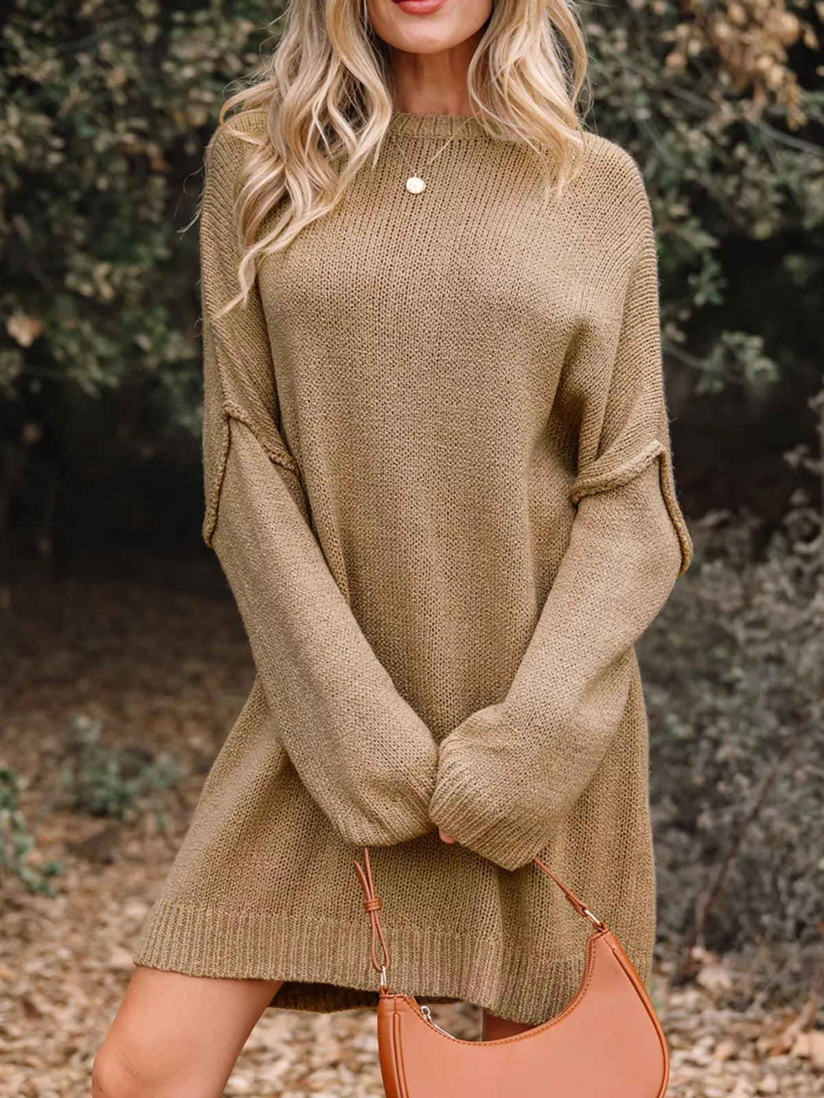 Oversized Drop-Shoulder Slouchy Sweater Dress in Camel