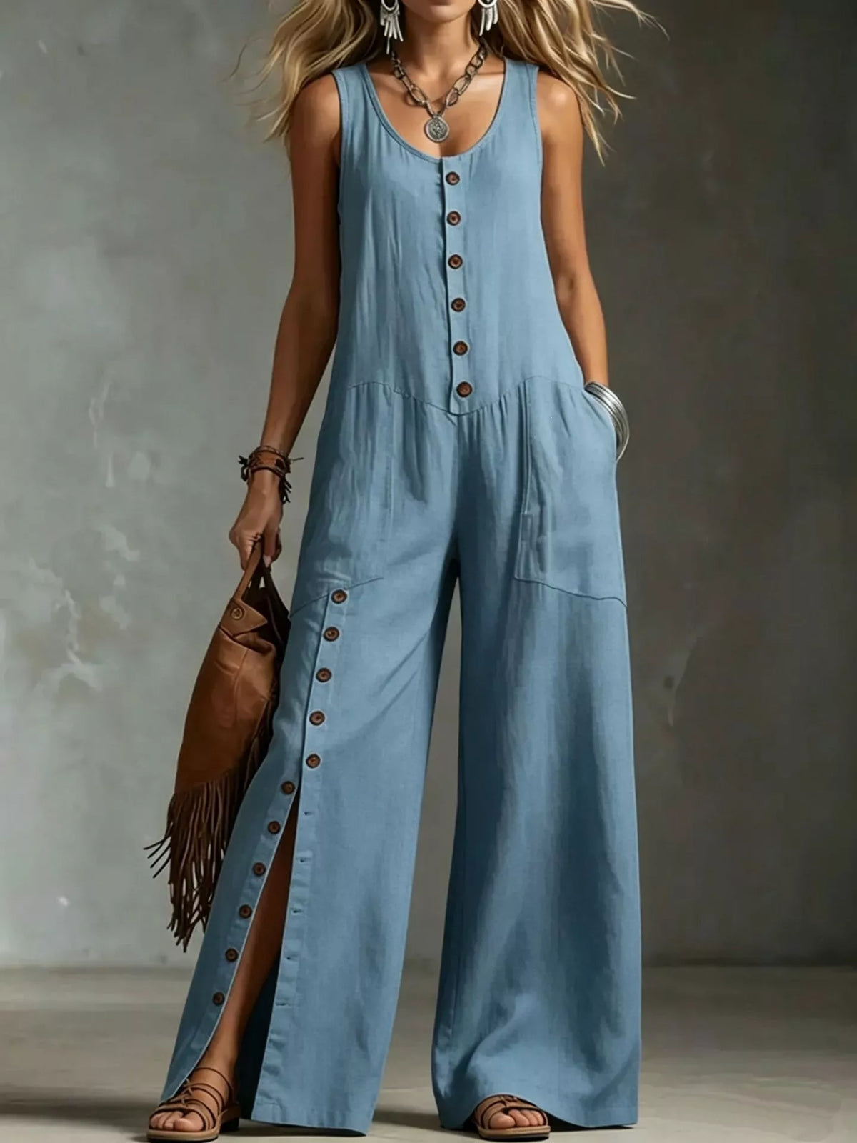 Sleeveless Button Front Wide Leg Jumpsuit Plus Size