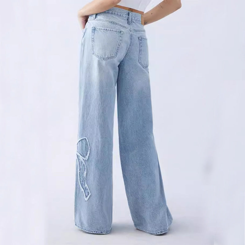 Baggy Frayed Denim Bow Jeans