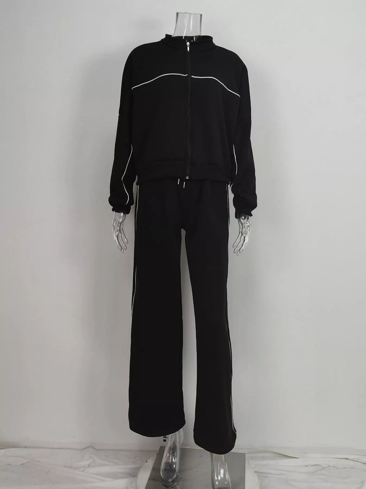 Zip-Up Jacket and Wide-Leg Pants Set in Black