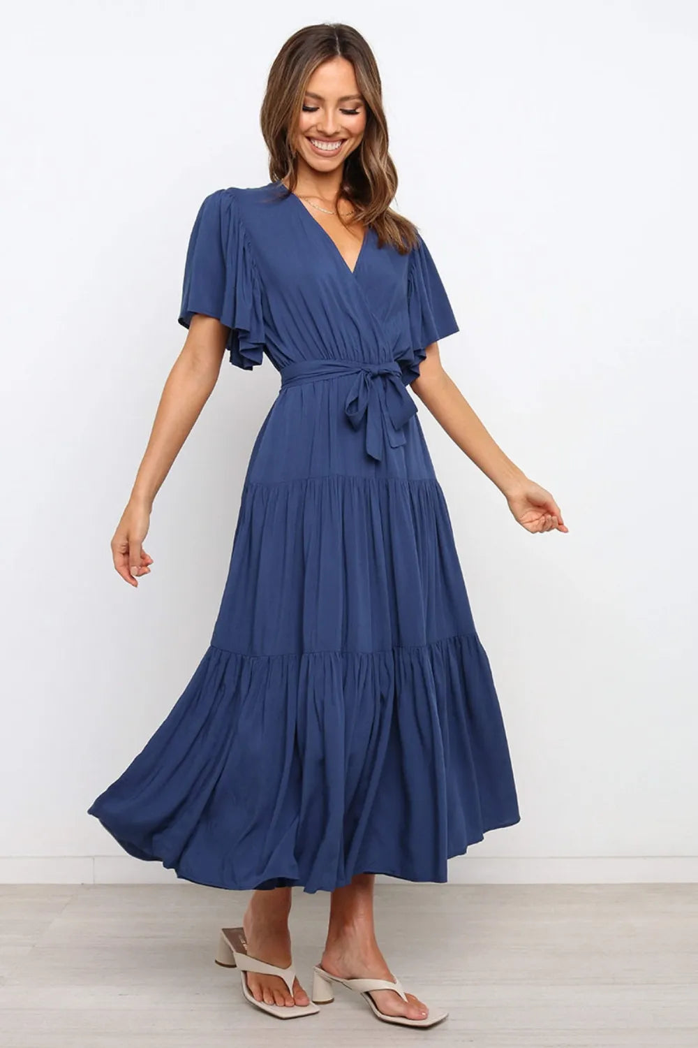 Front Tie Short Sleeve Tiered Midi Dress