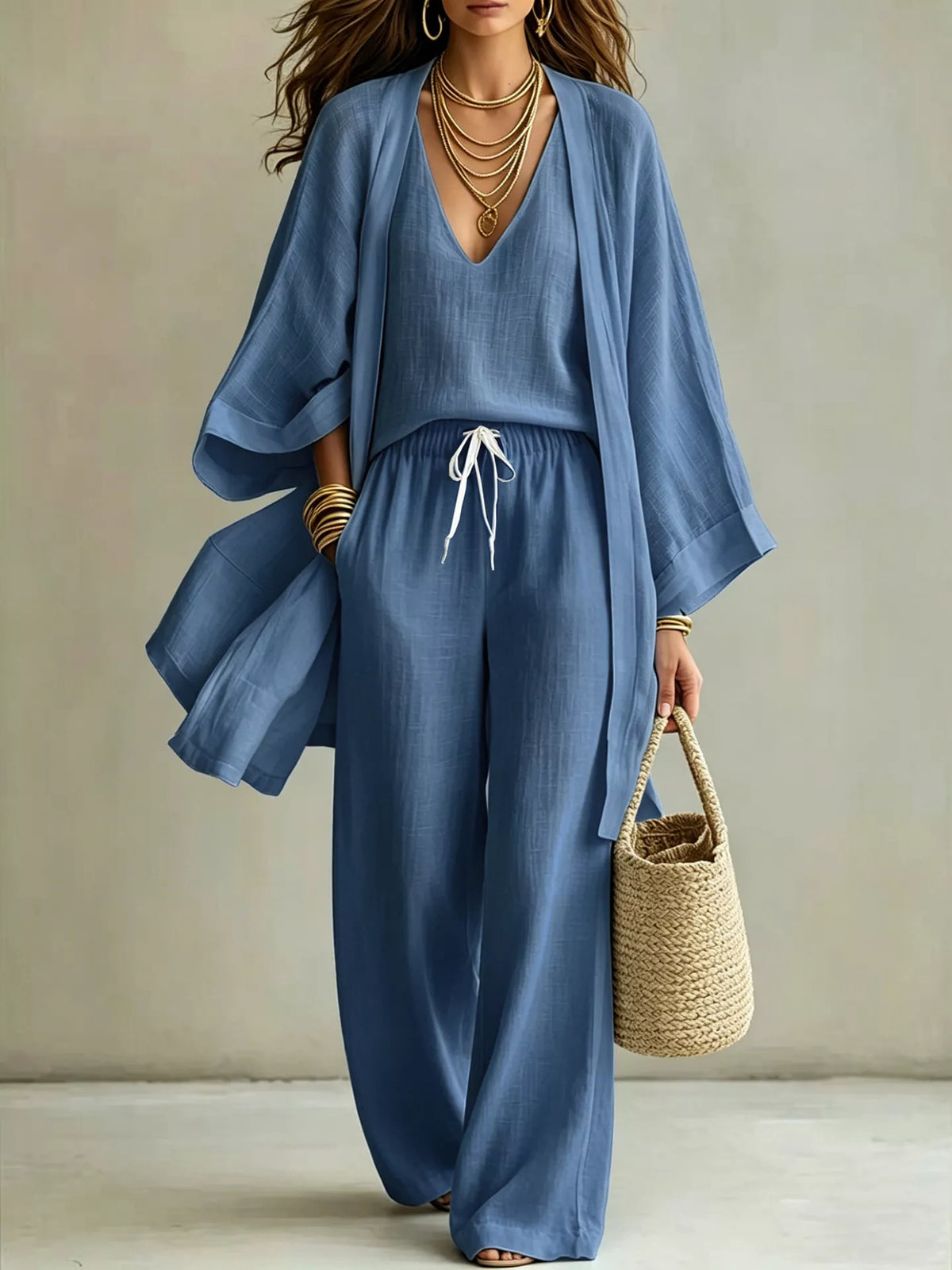 V-Neck Top, Cardigan and Pants Set