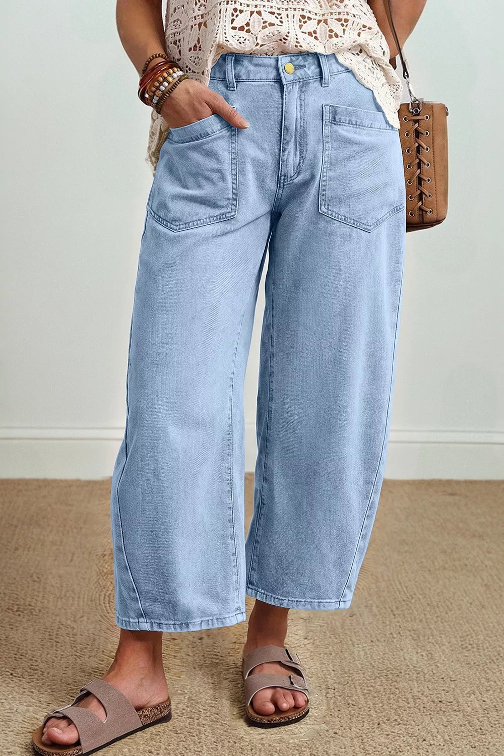 Wide Leg Cropped Jeans in Light Blue