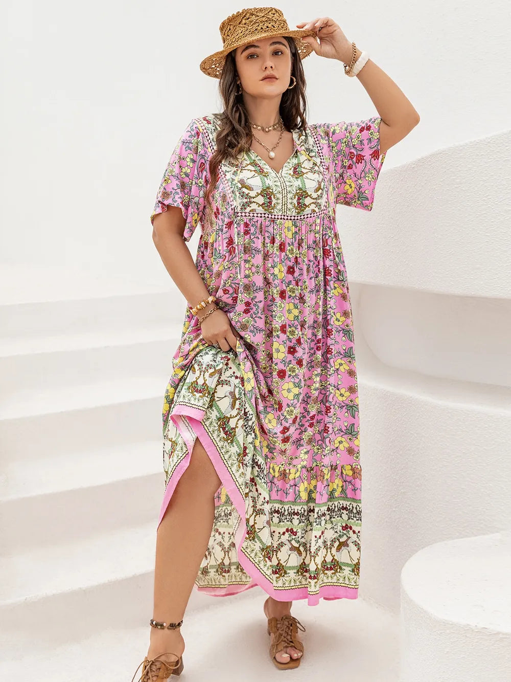 Floral Tie-Neck Flutter Sleeve Maxi Dress in Blush Pink