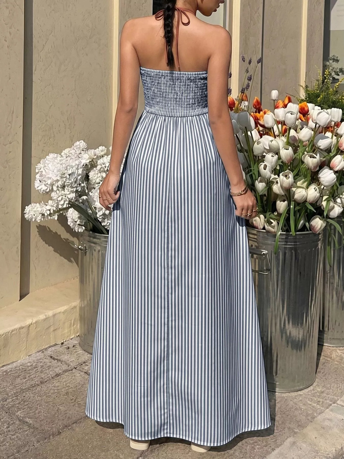 Striped Halter Neck Maxi Dress in Cotton Blend