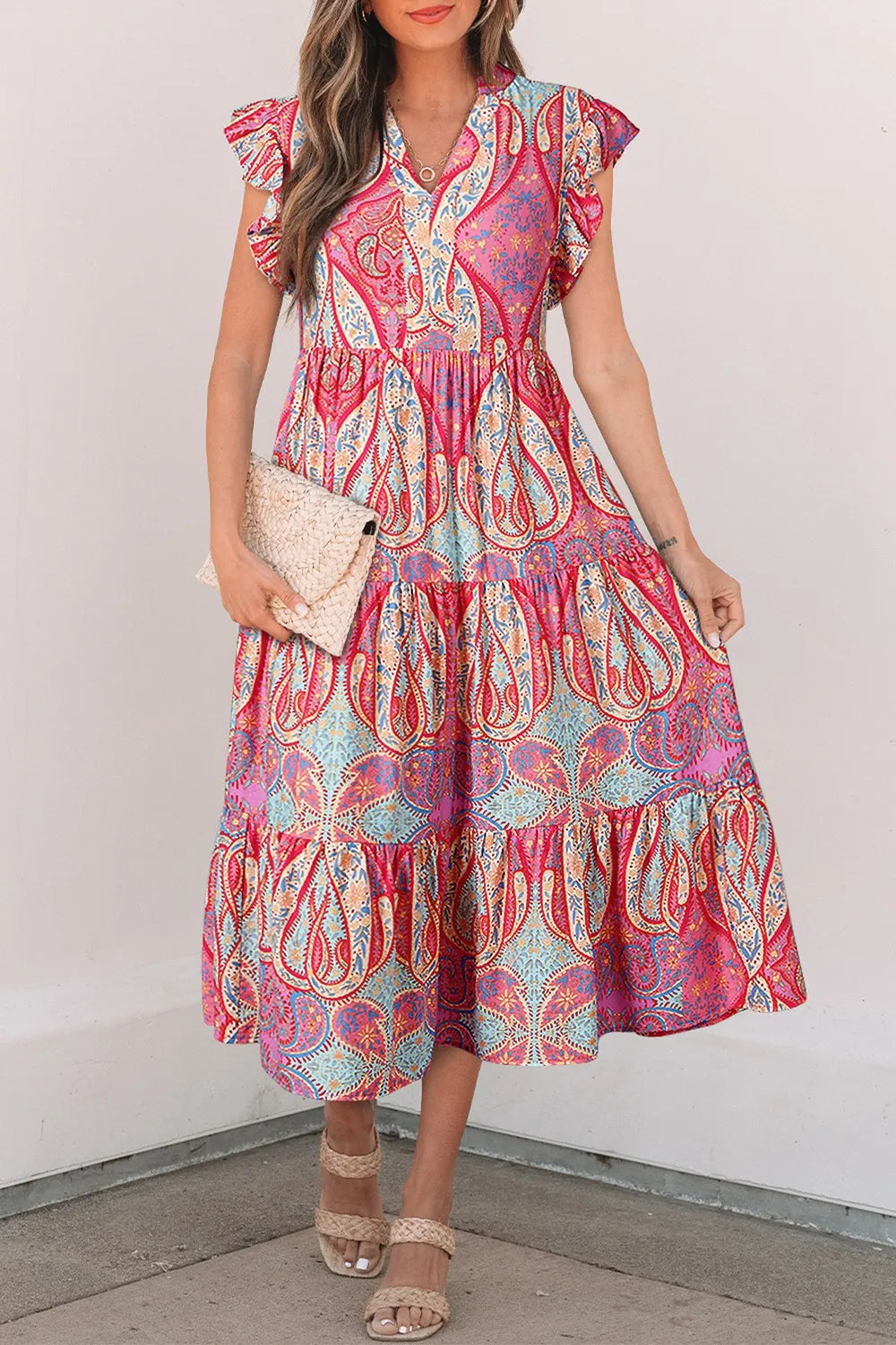 Tribal Paisley Print Midi Dress in Dusty Pink