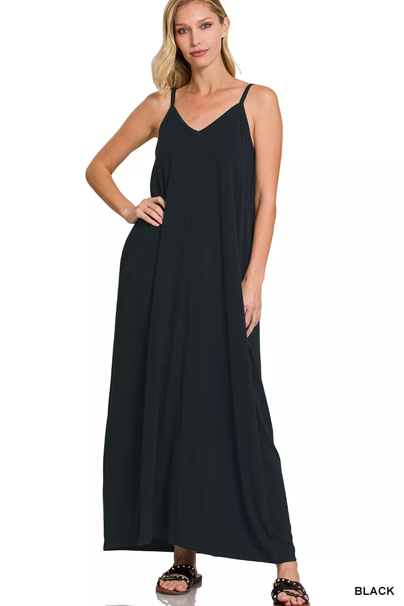 Zenana V-Neck Cami Maxi Dress in Black