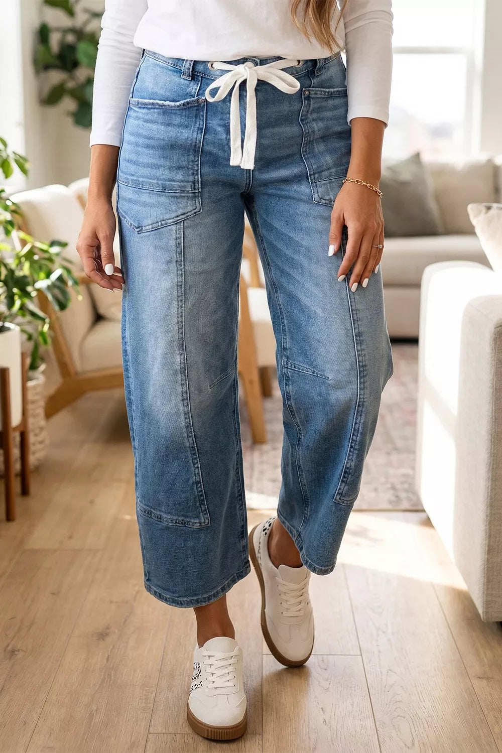 Patchwork Grommet Tie Waist Jeans in Medium