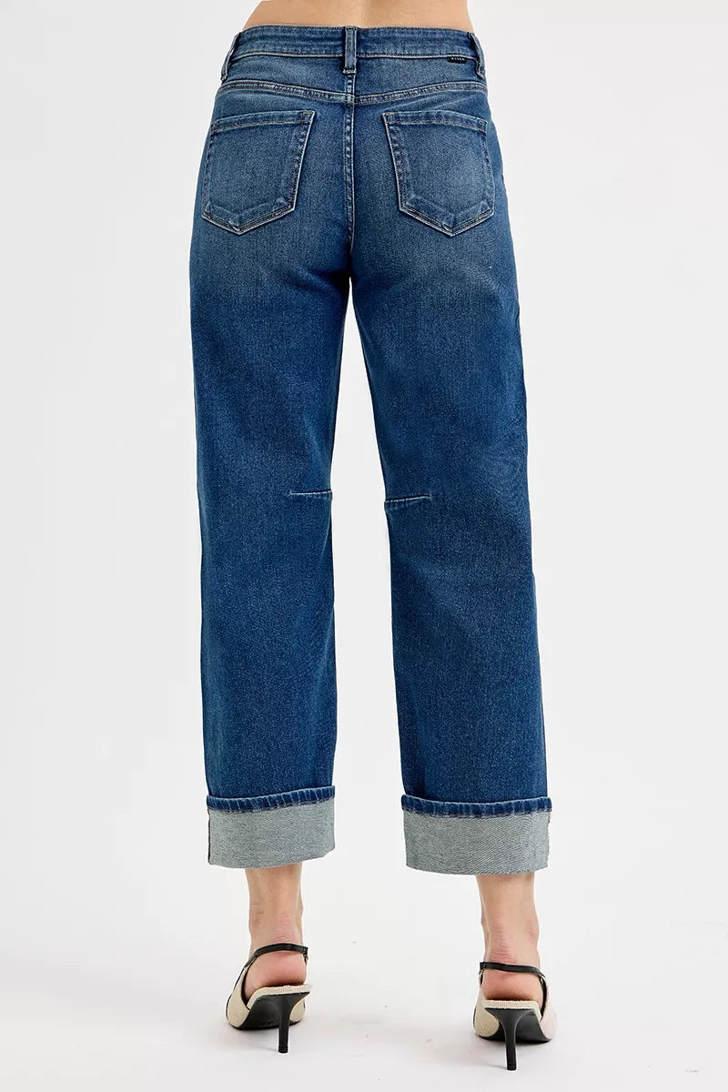 Risen Slouchy Crop Barrel Cuffed Jeans in Dark
