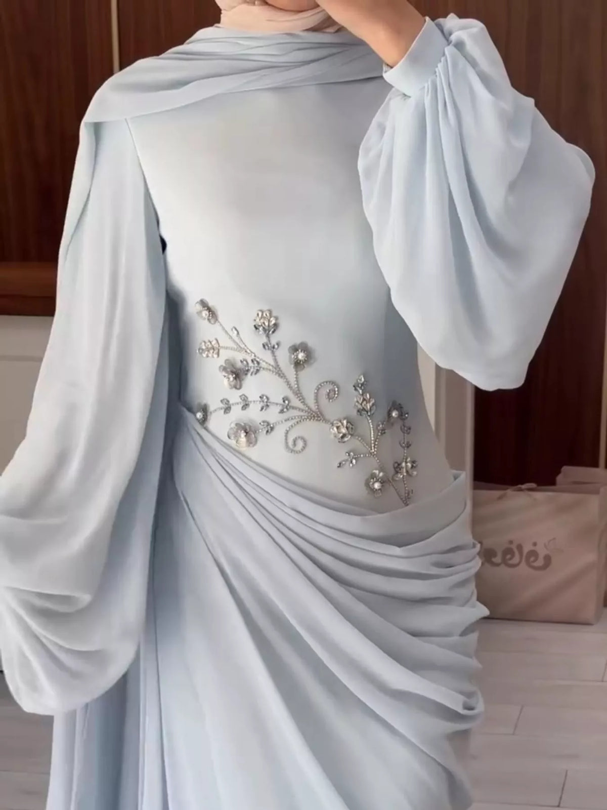 Long-Sleeve Rhinestone Ruched Maxi Evening Dress