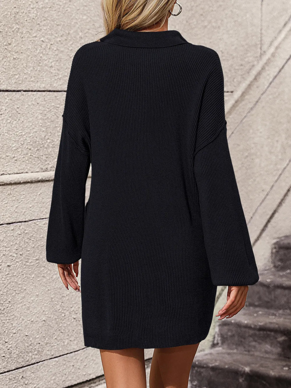 Collared Button-Front Sweater Dress with Pockets