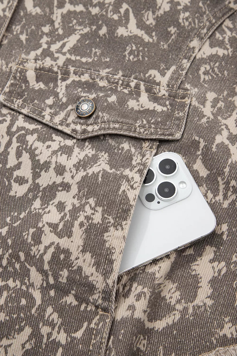 Abstract Print Raw Hem Denim Jacket in Mocha