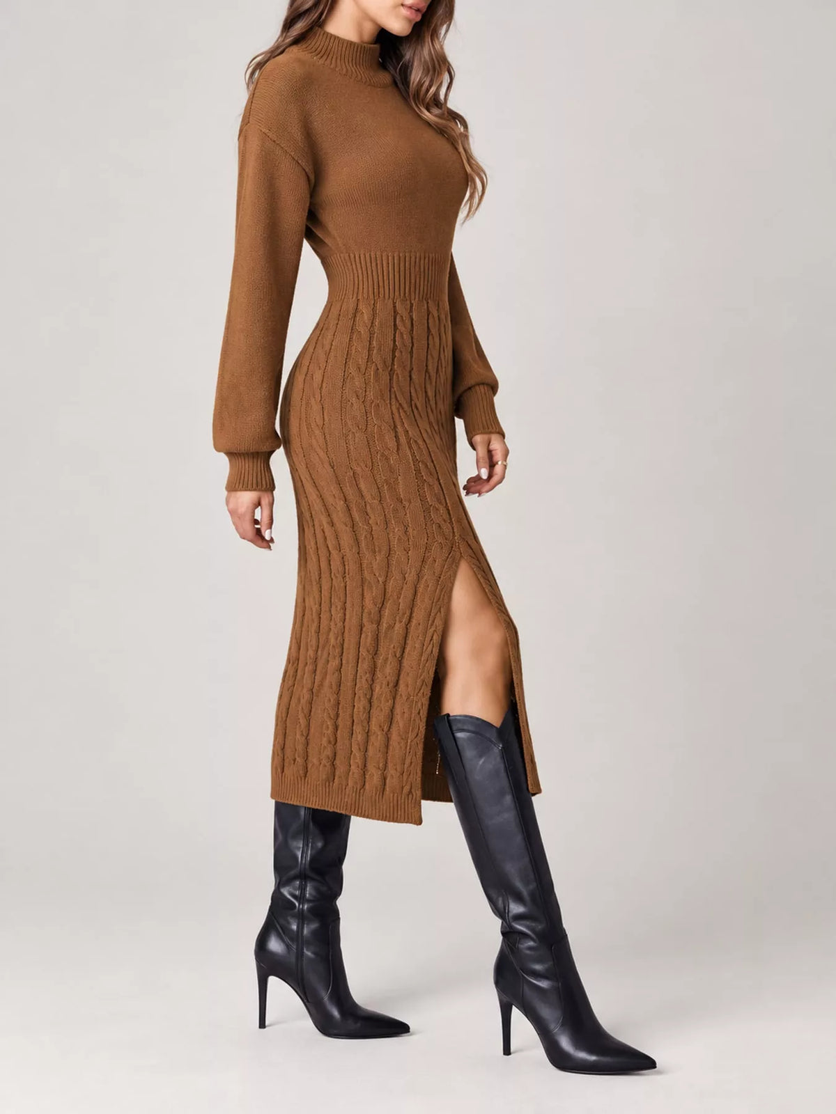 Mock Neck Cable Knit Sweater Dress with Front Slit