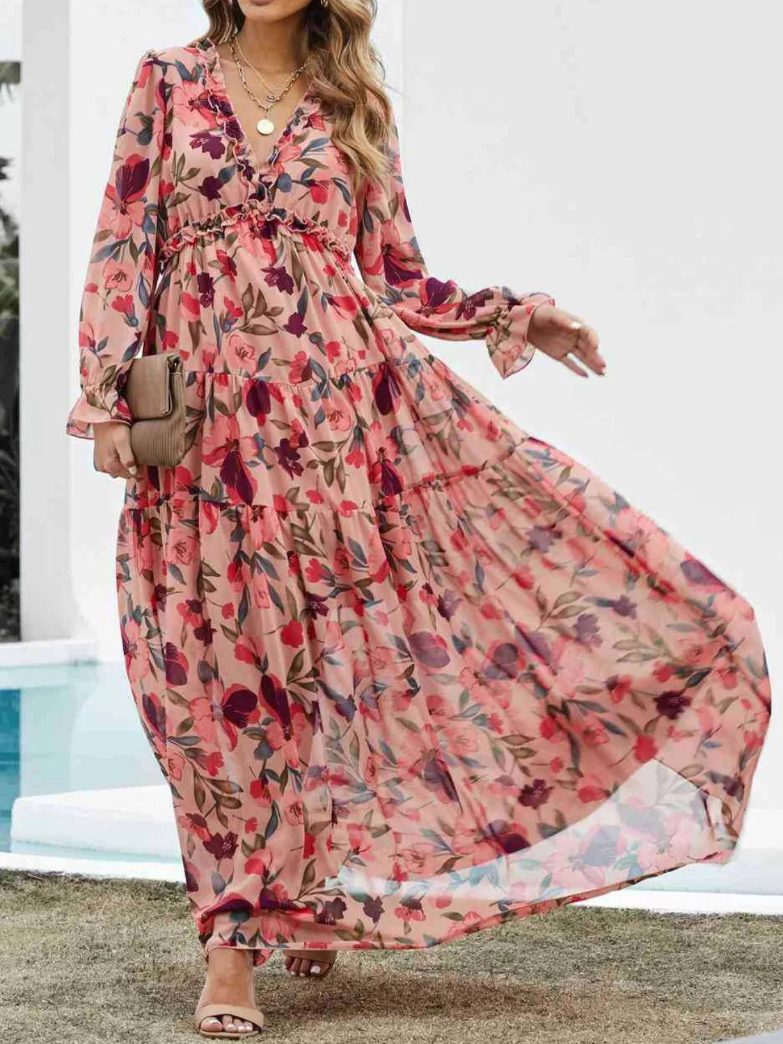 Frill V-Neck Flounce Sleeve Dress in Burnt Coral