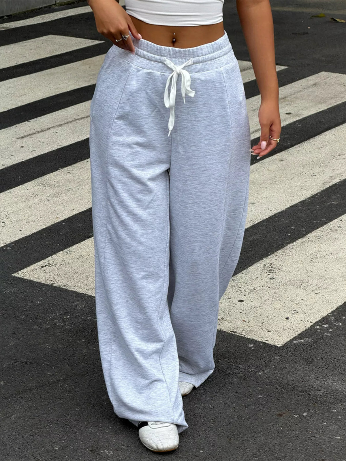 Drawstring Wide-Leg Pants in Gray/White