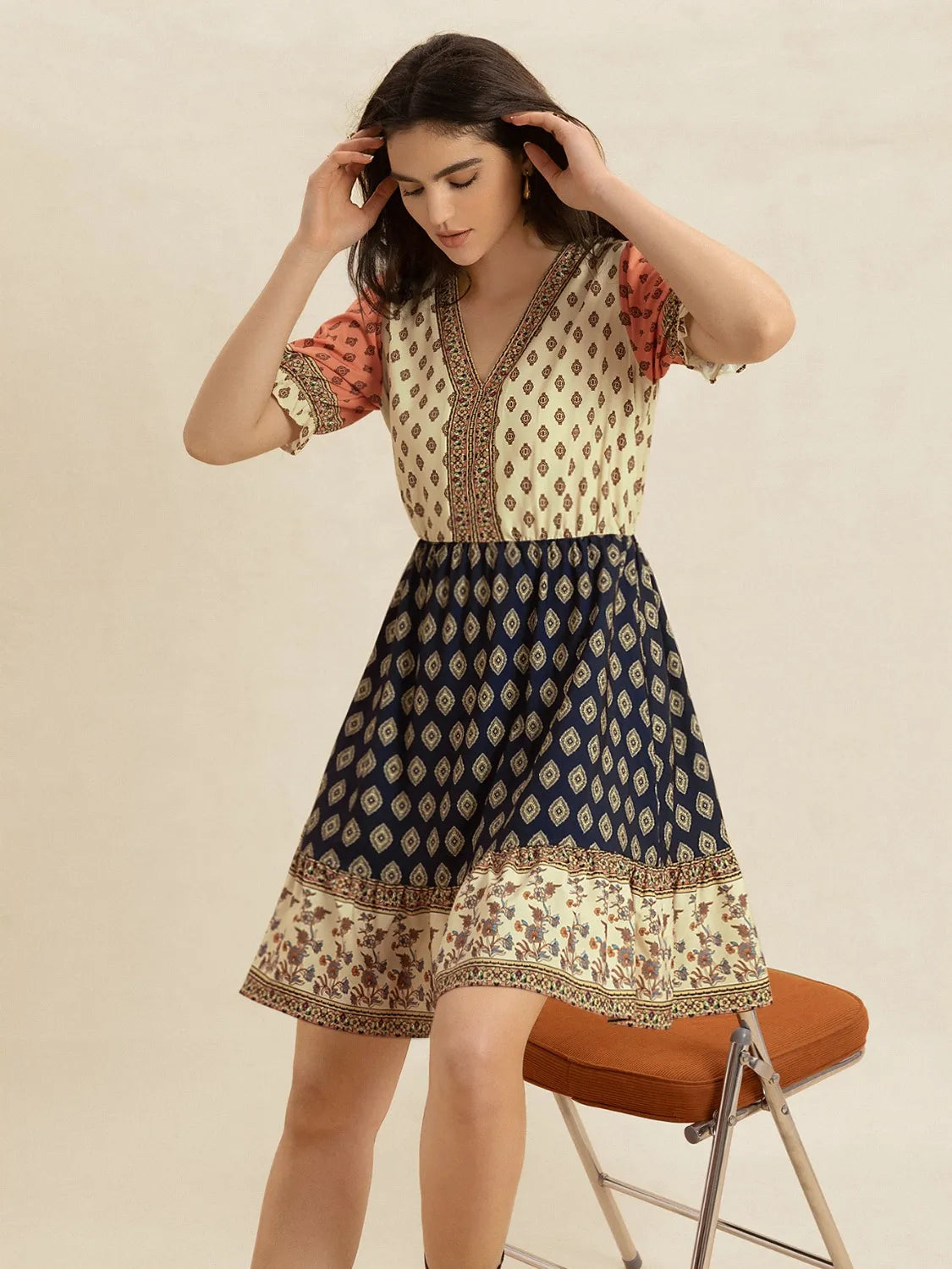 Printed V-Neck Ruched Dress in Tan