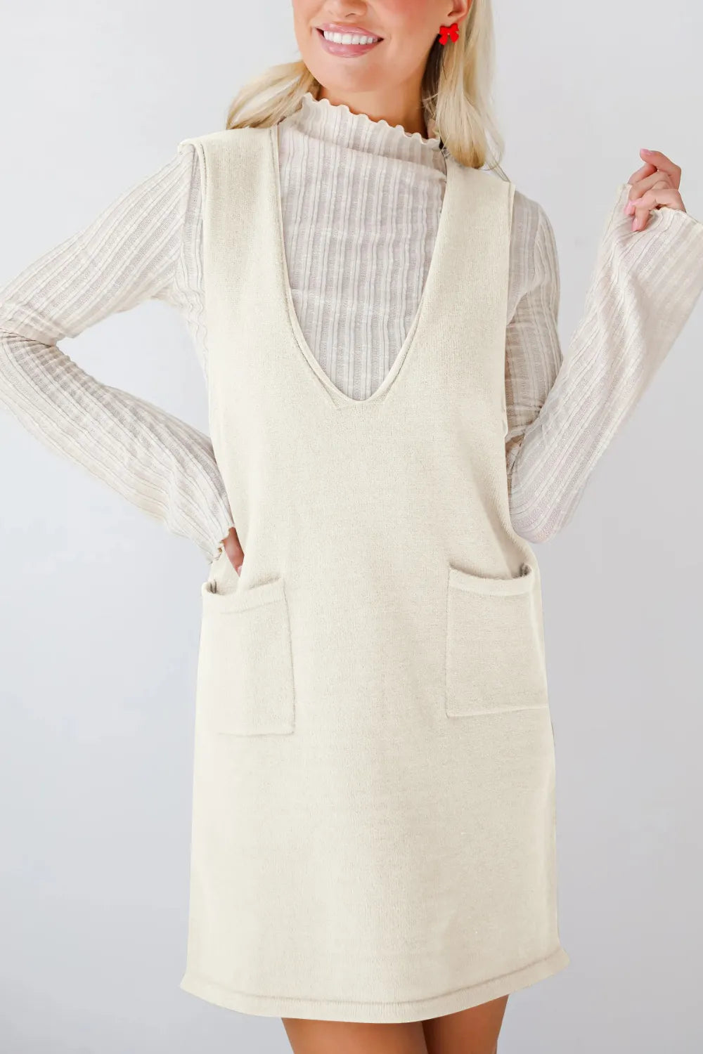 Pocketed V-Neck Mini Sweater Overall Dress