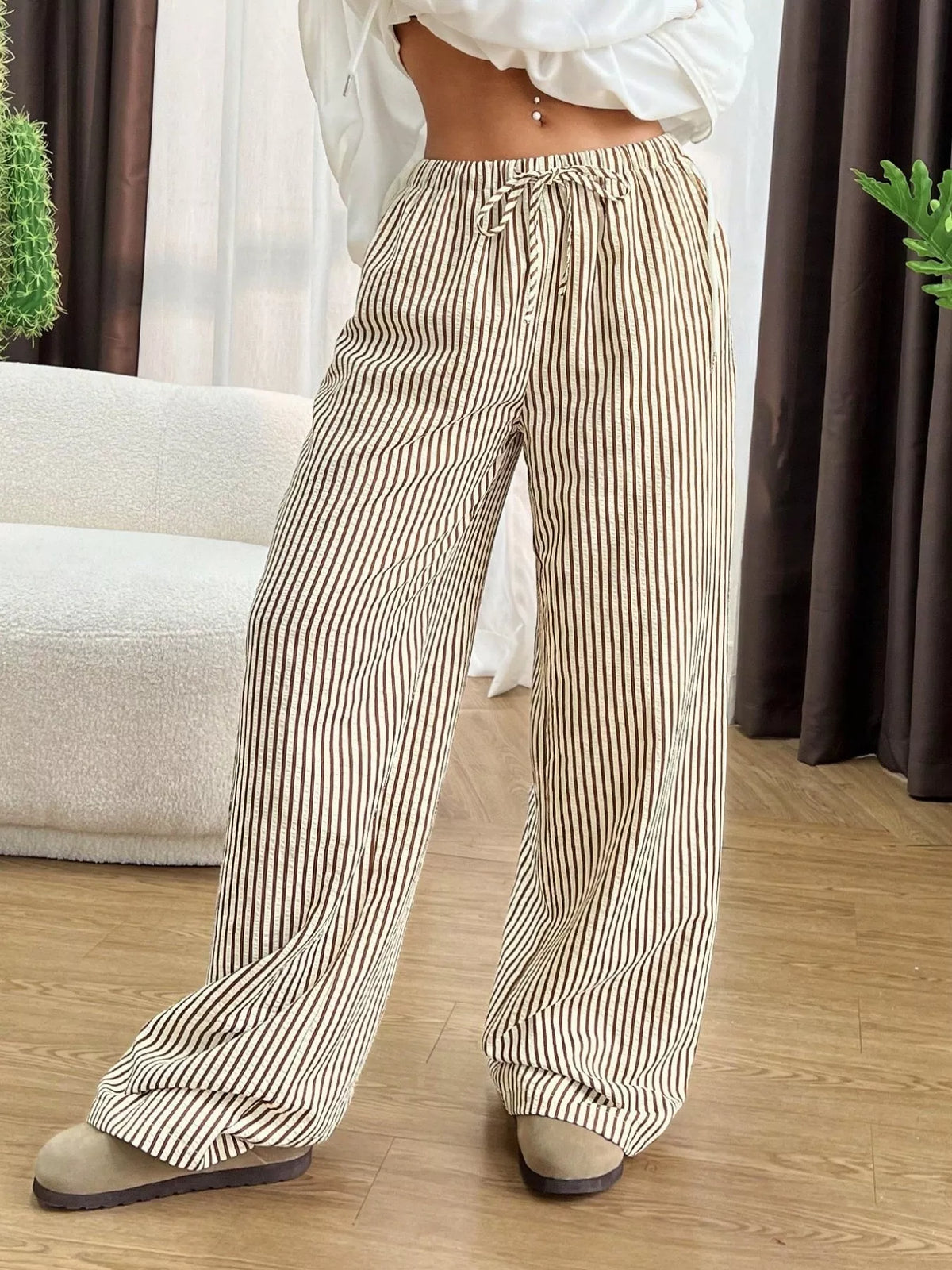 Plus-Size Striped Drawstring Wide-Leg Pants