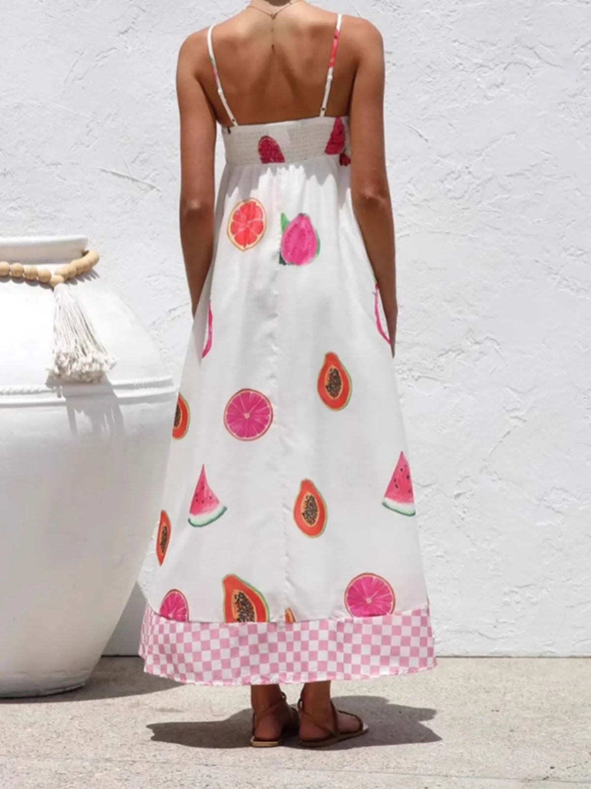 Fruit Print Checkered Hem Cami Midi Dress