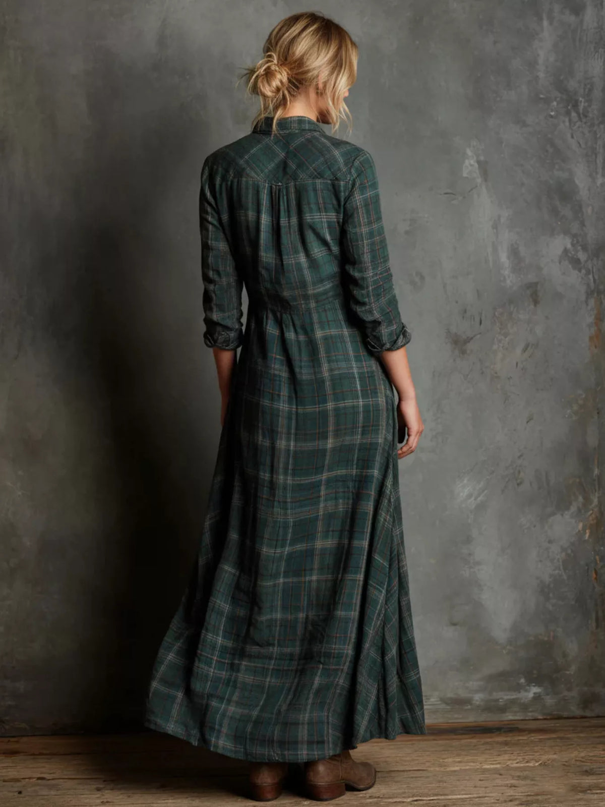 Plaid Button-Down Maxi Shirt Dress in Dark Green