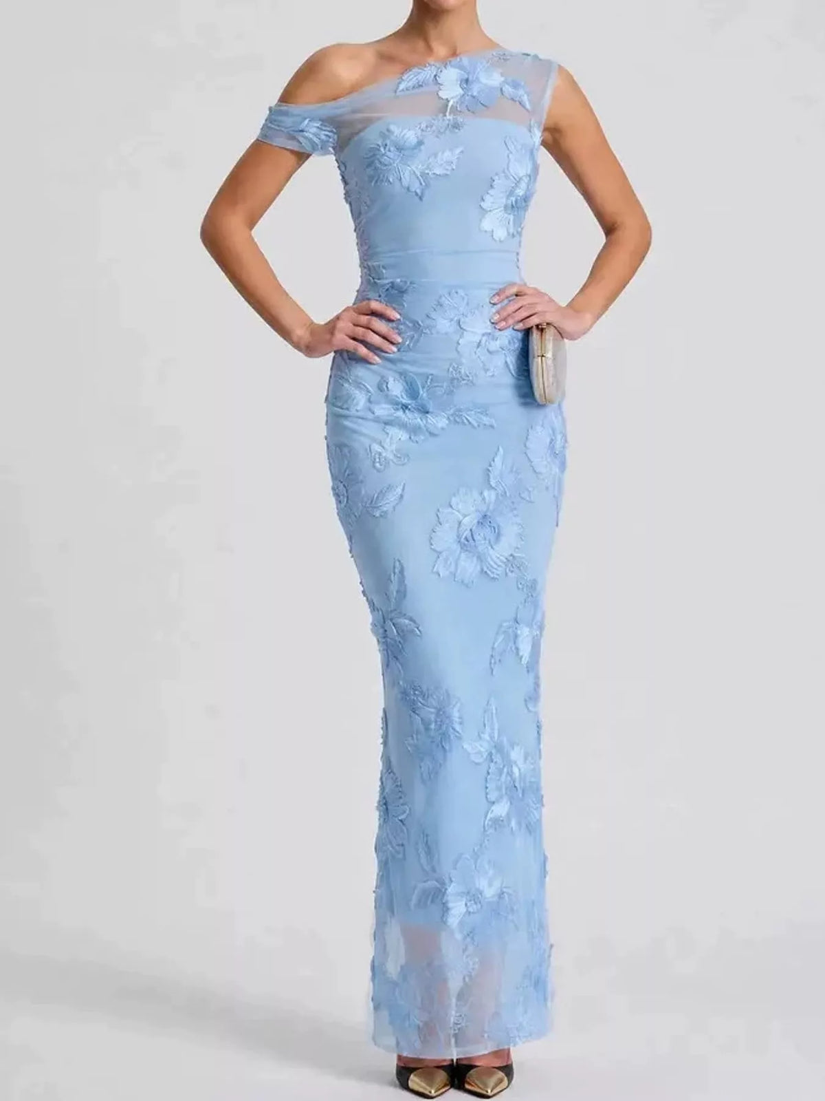 One-Shoulder Embroidered Maxi Dress