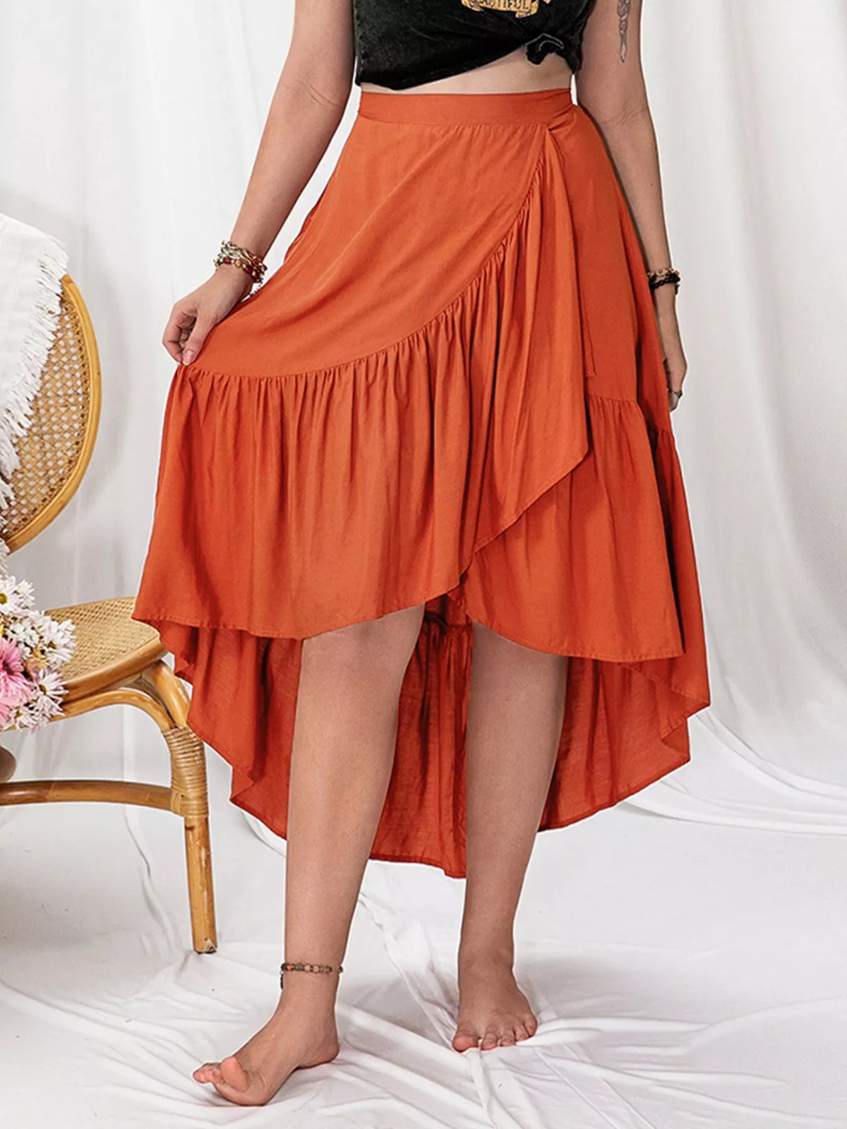 Orange Plus Size Ruffled High-Low Skirt