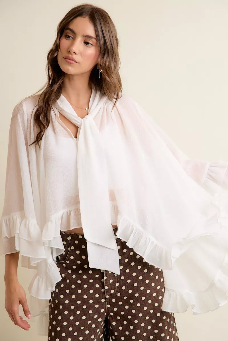So Me Sheer Ruffle Bell-Sleeve Blouse in White