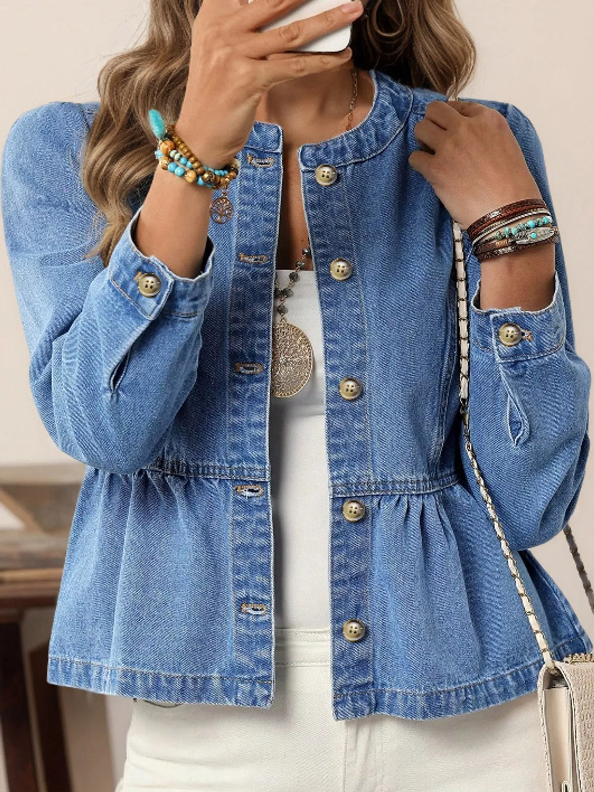 Peplum Denim Shirt in Blue