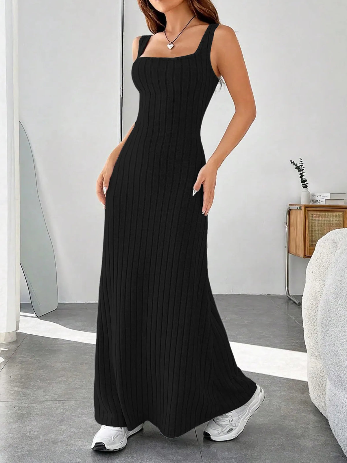 Ribbed Knit Square Neck Maxi Dress